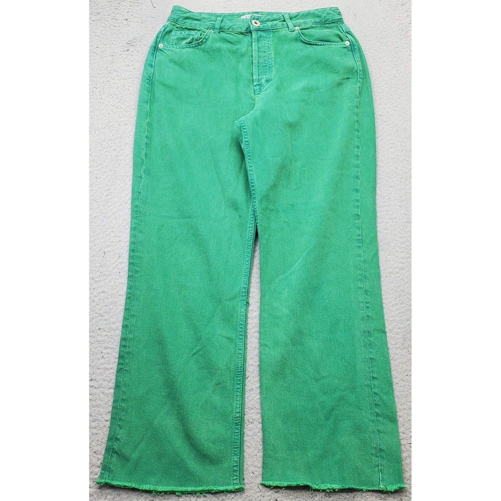 Zara Straight Jeans Womens 8 Green Denim Stretch Frayed Hem 5 Pocket Button Fly